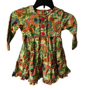 Sweetdil Girls dress Size 3T Green Floral Corduroy Buttons Ties In Back Retro
